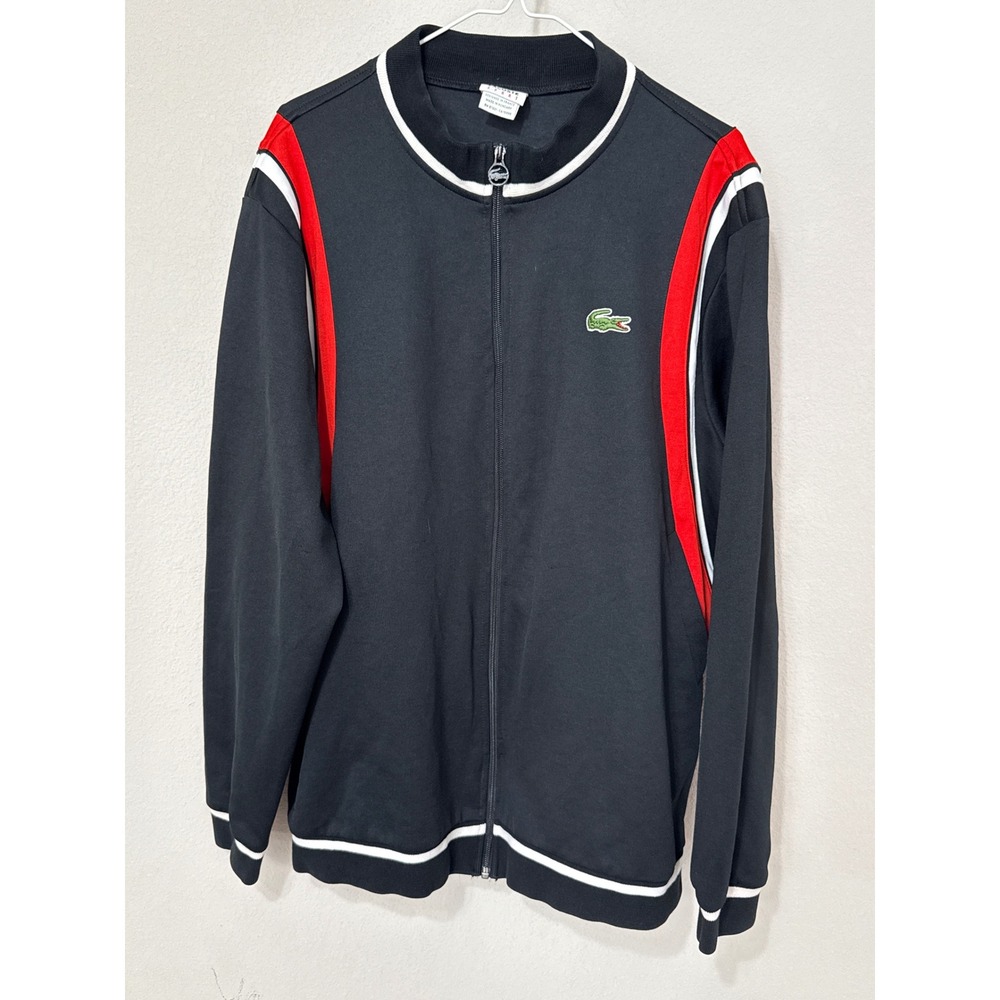Lacoste Sport Track Jacket Mens 8/3XL Black Red White Zip Up Colorblock READ
